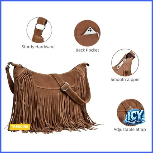 Vegan Suede Hobo Bag with Fringe Tassel Crossbody Shoulder Purse - Picture 5 of 7